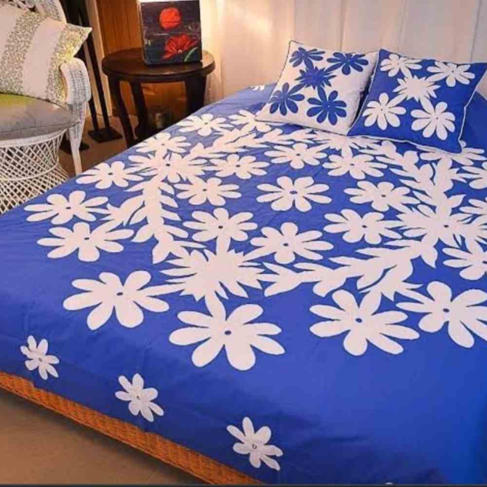 Applique Bedsheet – Royal Blue Base with White Applique Work